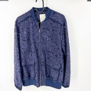 ✅ Anthropologie Elevenses Women’s Small Bomber Jacket Purple Eyelet Lace Mesh